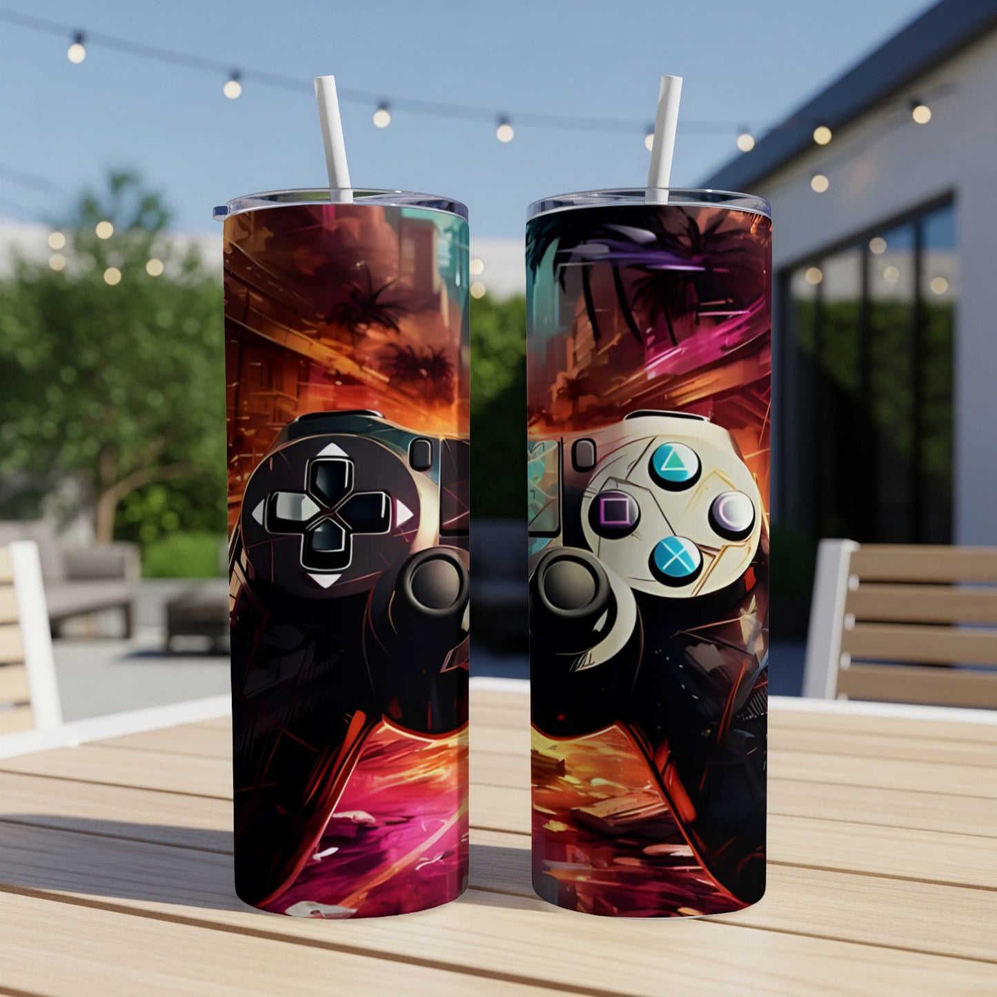 Two tumblers featuring a vibrant cityscape and video game controller graphic.