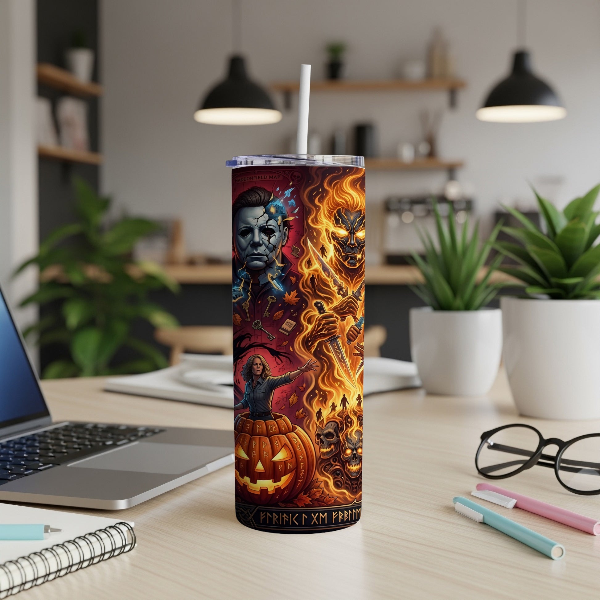 Halloween tumbler with Michael Myers, pumpkin, skulls, and fiery figures.