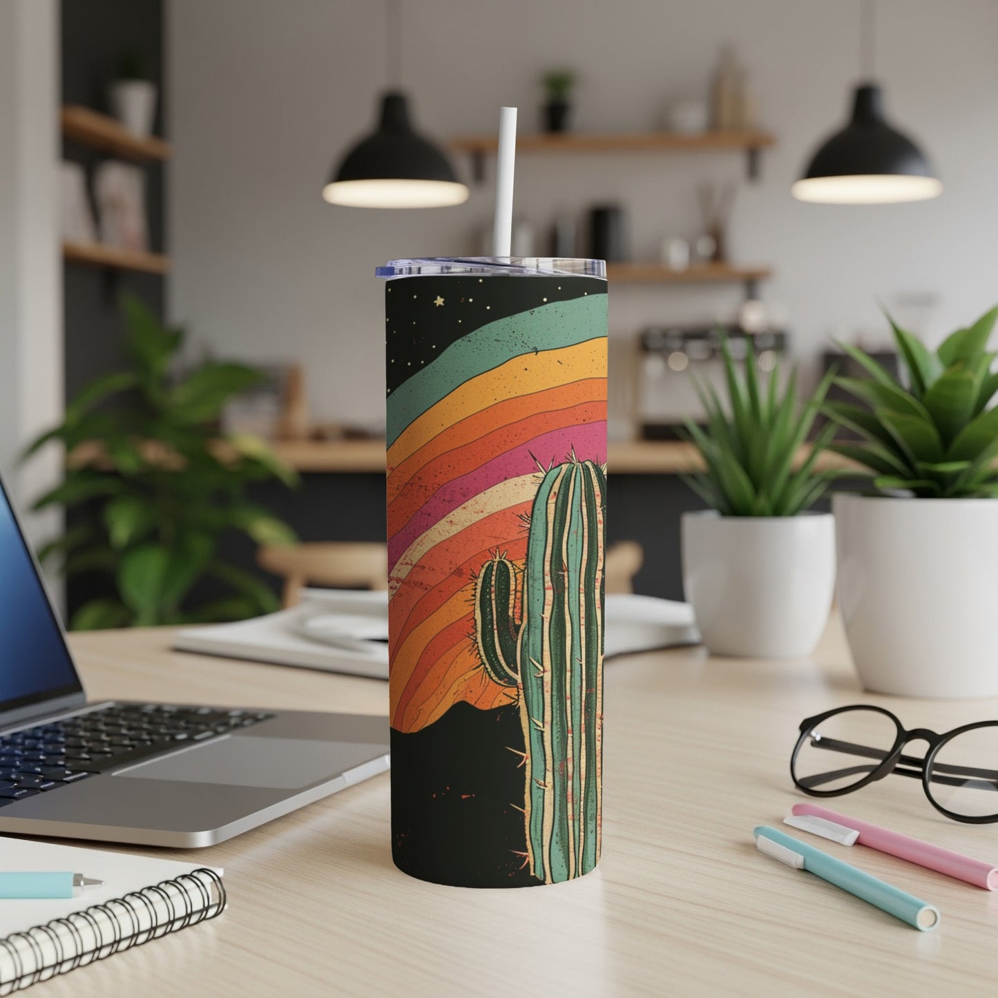 Tall tumbler with retro desert sunset and cactus graphic.