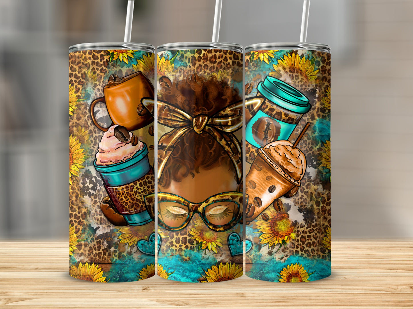 Tumbler with coffee cups, sunflowers, and leopard print.