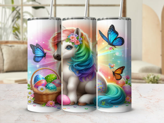 Unicorn with rainbow mane and tail, Easter basket, and butterflies.