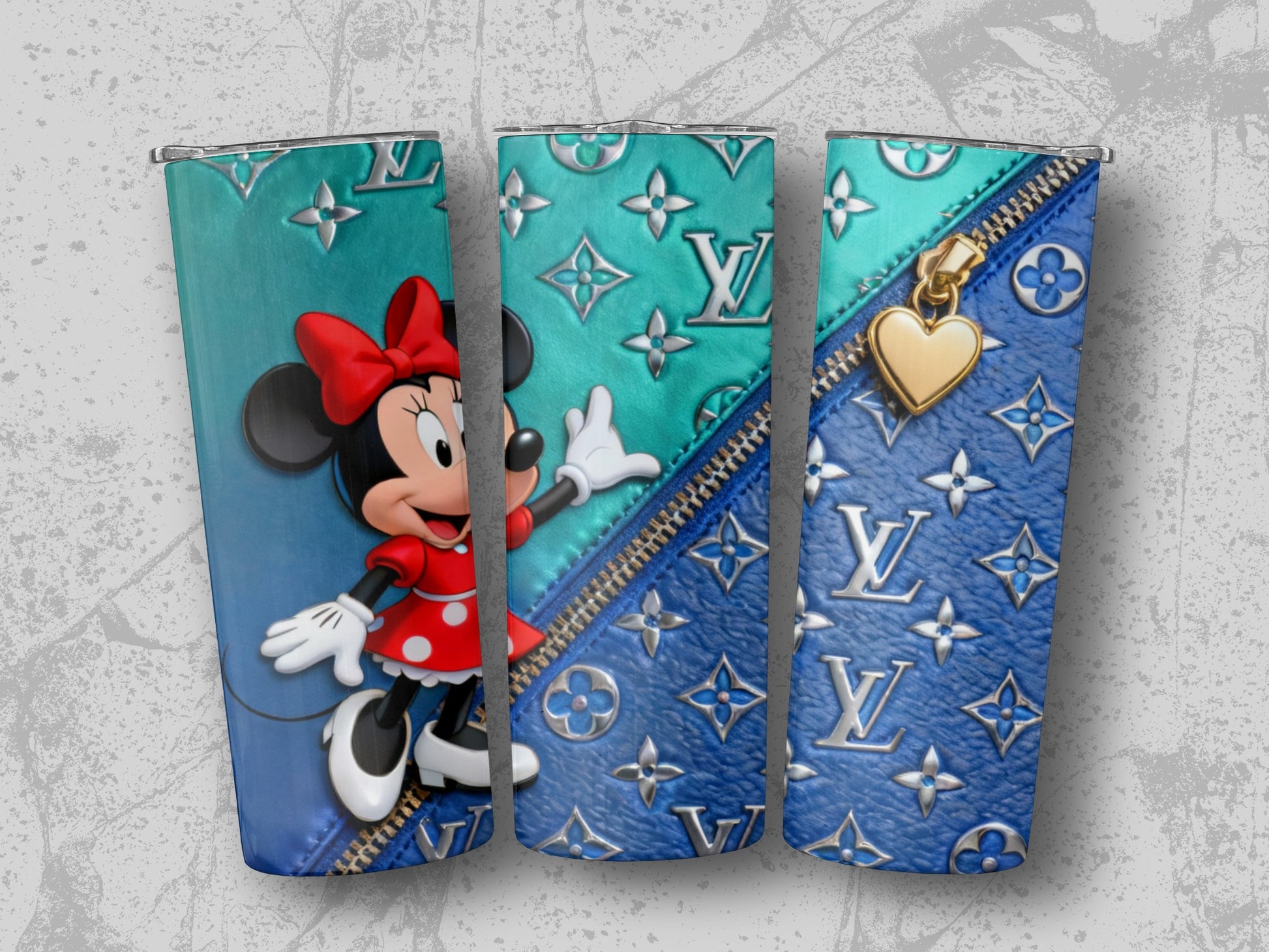 Minnie Mouse on turquoise and blue LV monogram tumbler with zipper detail.
