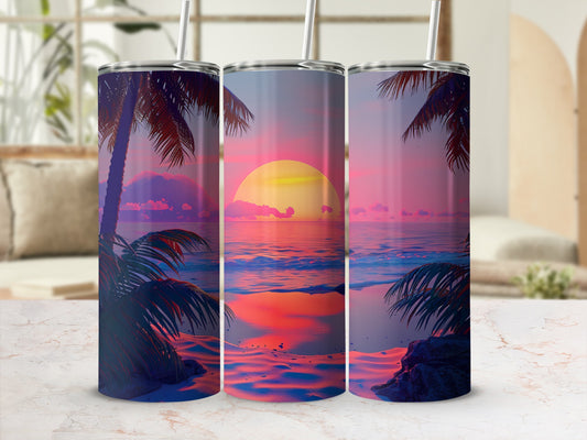 Sunset beach scene on a tumbler with palm trees and ocean waves.