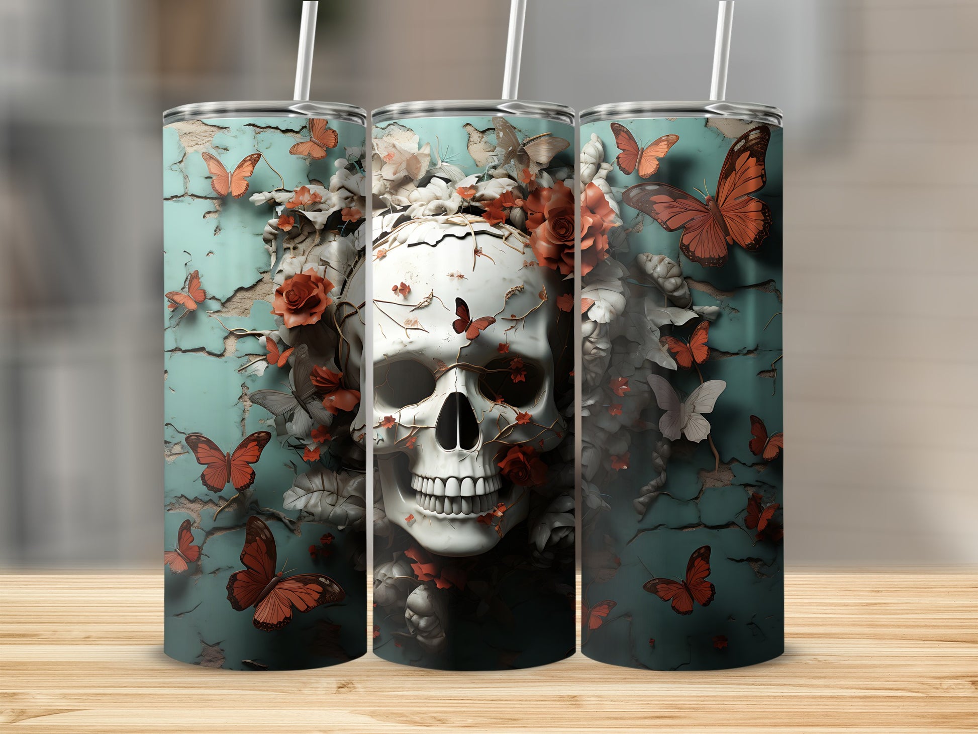 Skull with flowers and butterflies design on a tumbler.