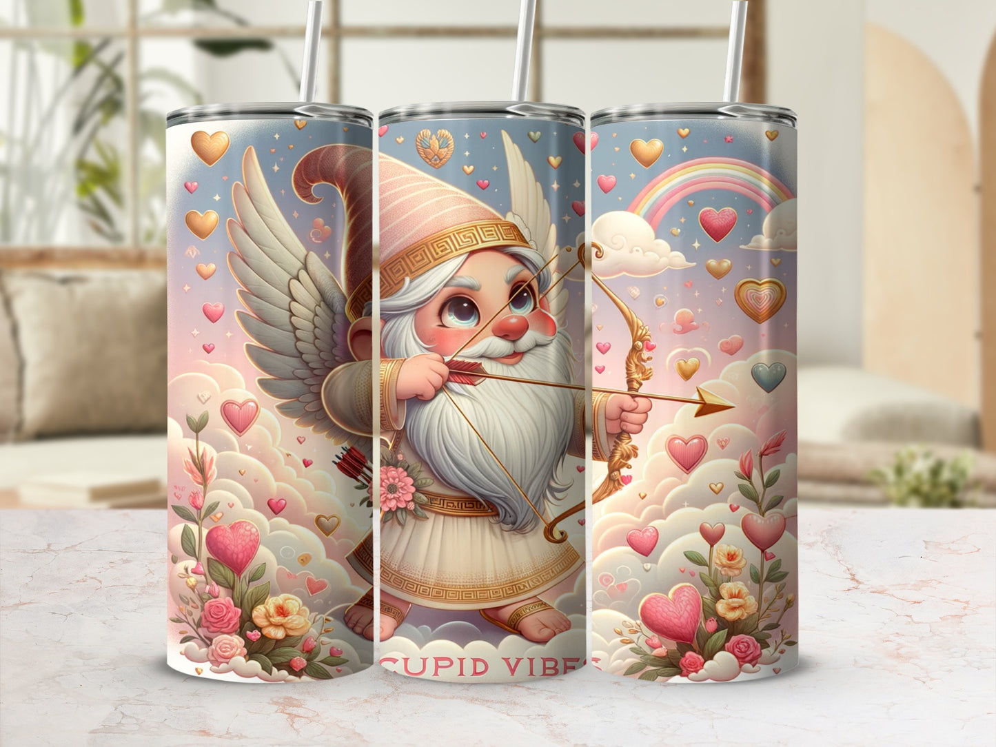 Cute Cupid Gnome with Hearts and Rainbow Tumbler