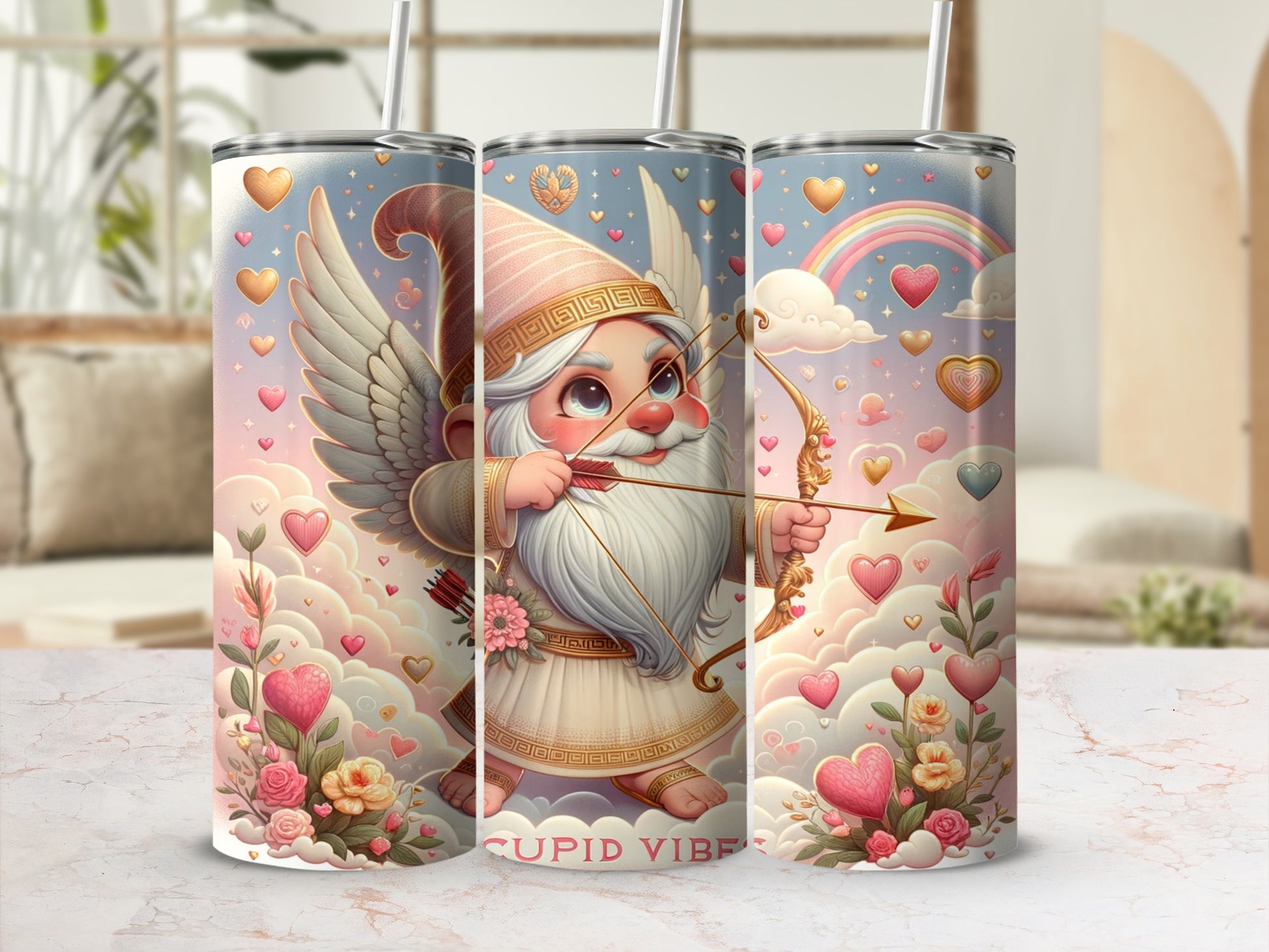 Cute Cupid Gnome with Hearts and Rainbow Tumbler