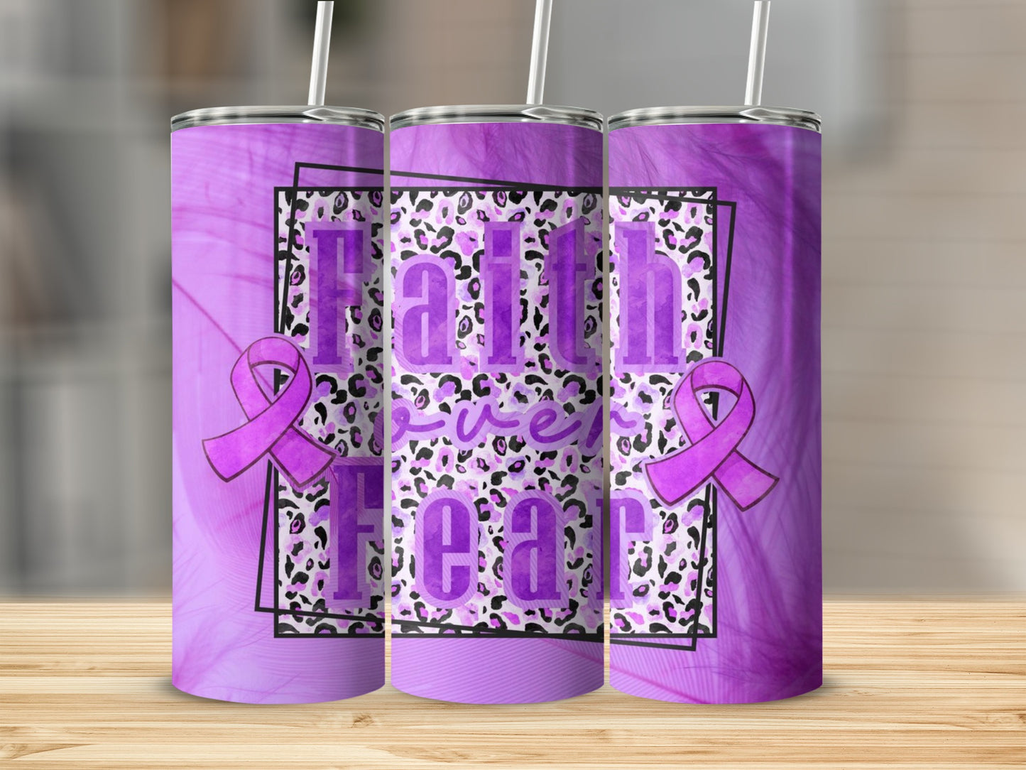 Faith Over Fear Purple Ribbon Leopard Print Tumbler