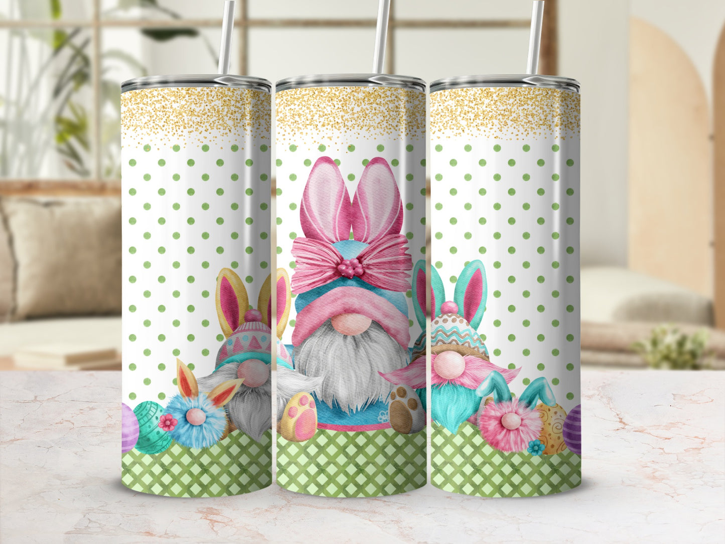 Three Easter gnomes with bunny ears and patterned tumblers, against a dotted background.