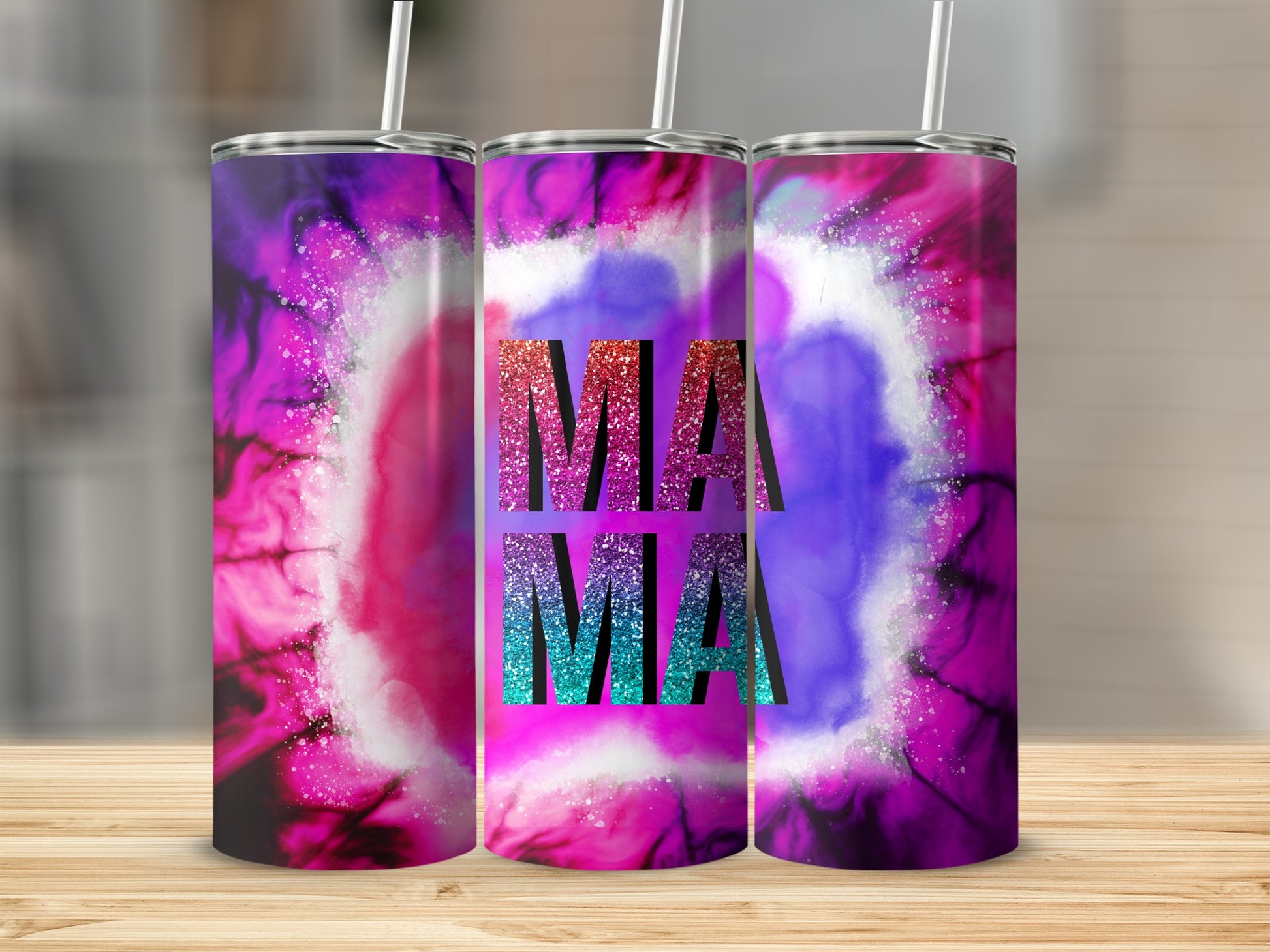 Colorful Tie Dye Mama Glitter Design Tumbler Product
