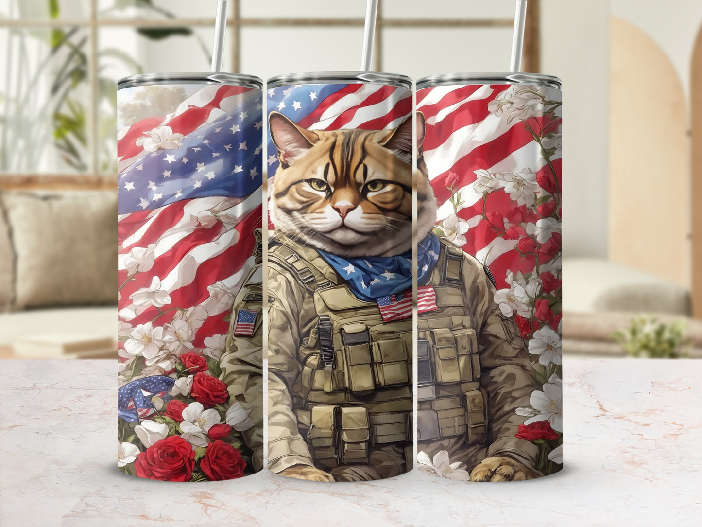 Tabby cat in military uniform and bandana, with American flag and flowers.