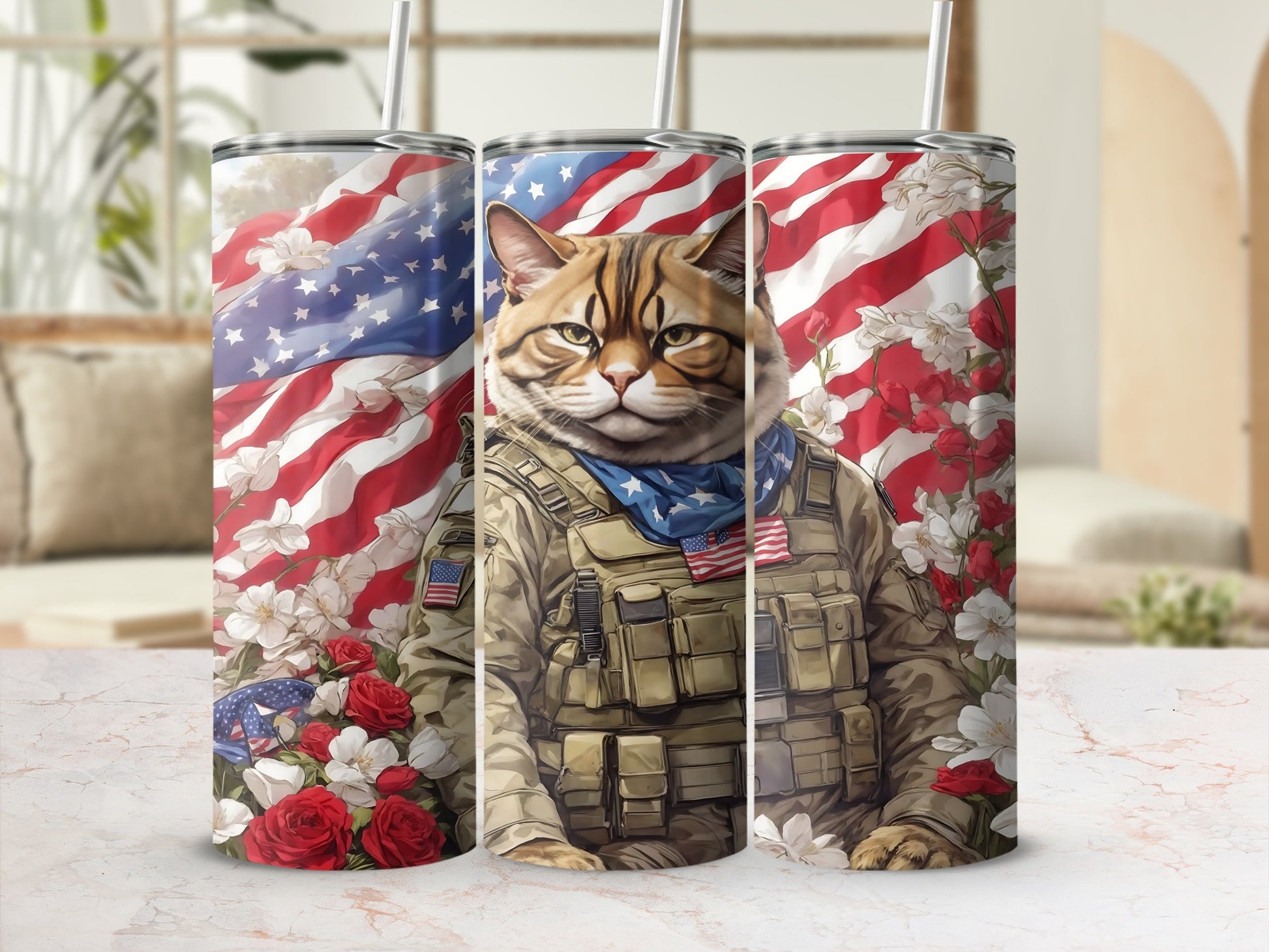 Tabby cat in military uniform and bandana, with American flag and flowers.