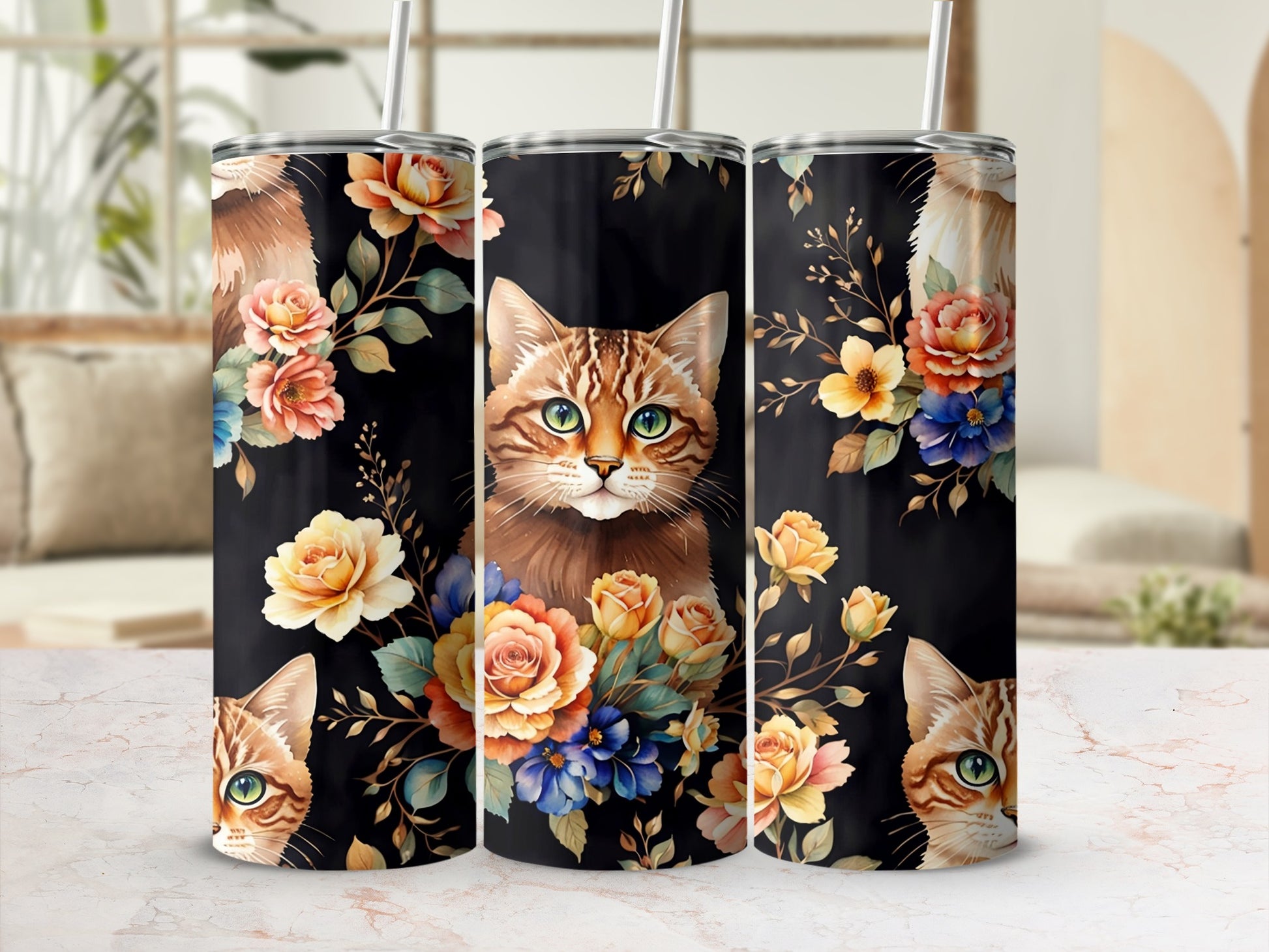 Three tumblers with a tabby cat and floral design.