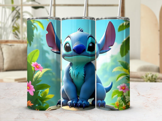 Adorable Blue Character with Tropical Scene Tumbler
