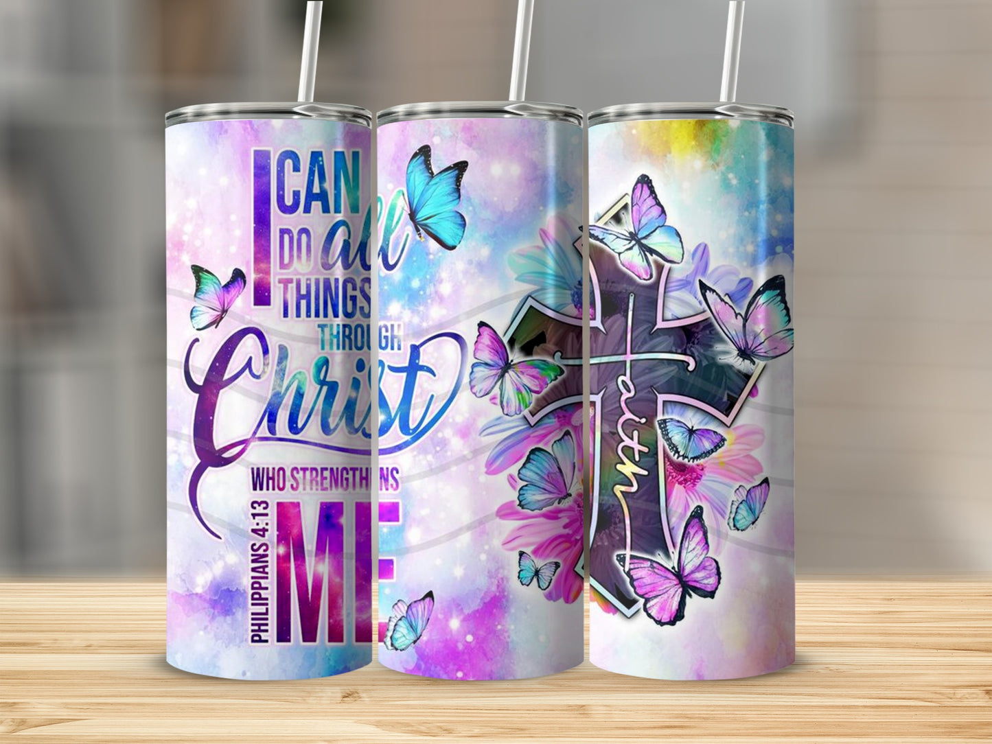 Inspirational Philippians 4:13 Faith Butterfly Tumblers