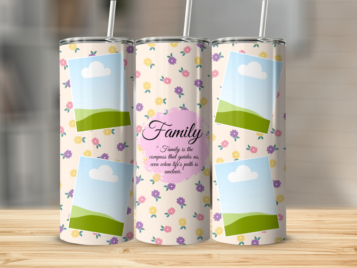 Three tumblers with a floral pattern, picture frames, and the quote "Family is the compass that guides us".