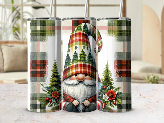 Gnome with plaid hat and Christmas trees on a tumbler.