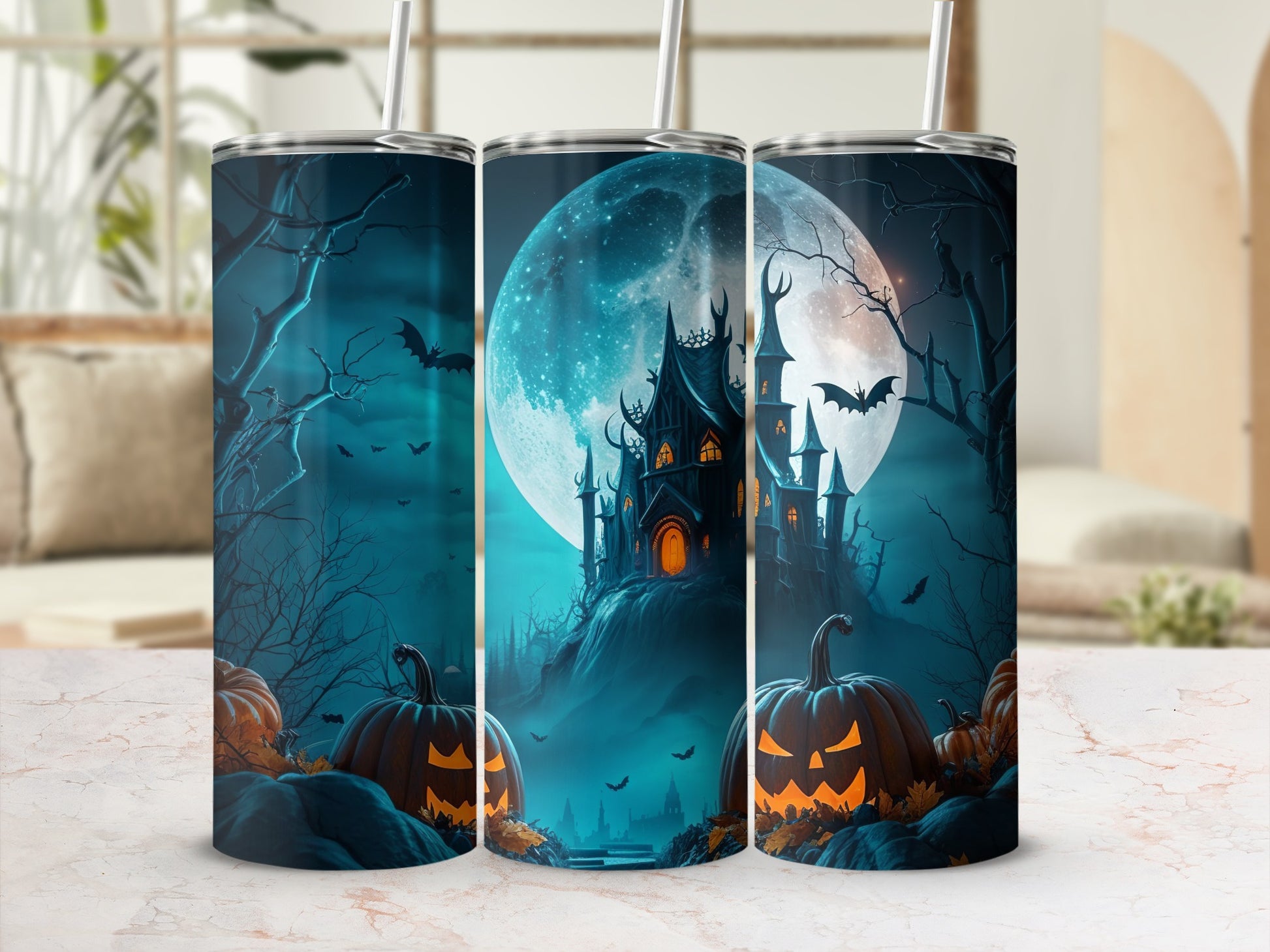 Spooky Haunted Mansion Halloween Tumbler with Pumpkins