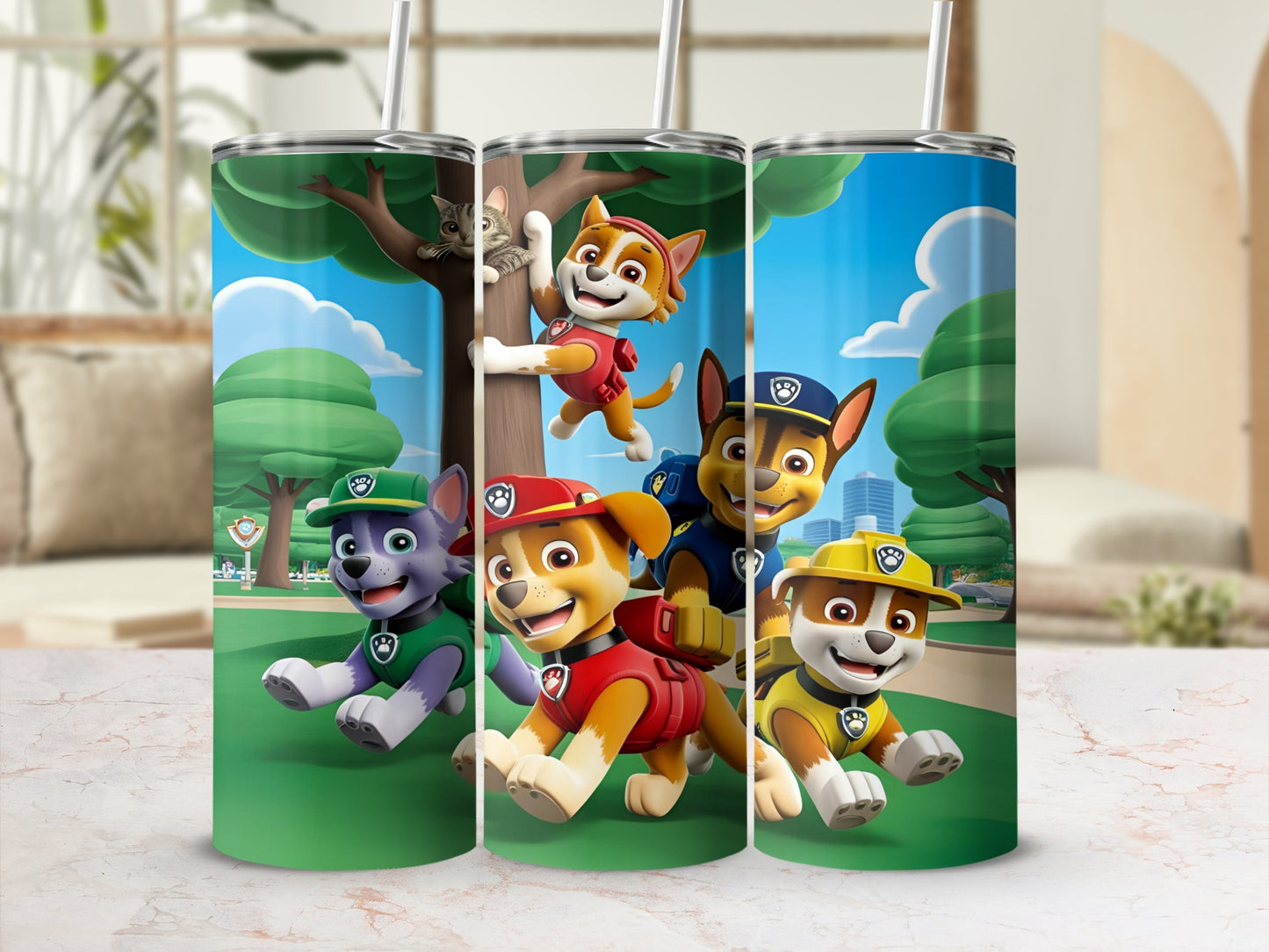 Paw Patrol pups Chase, Marshall, Rubble, and Skye on a green grassy hill.