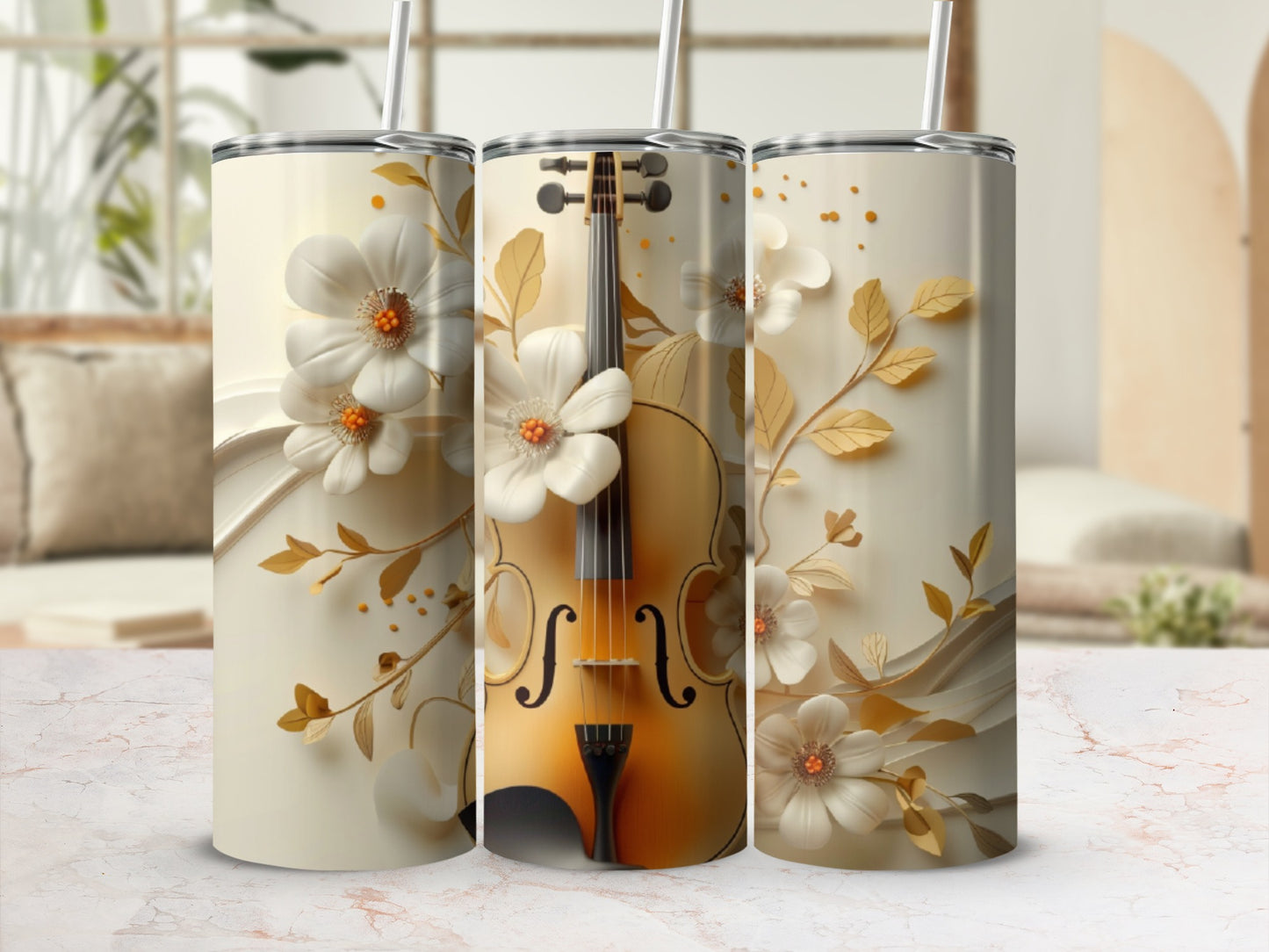 Violin and floral design on a gold tumbler with straw.