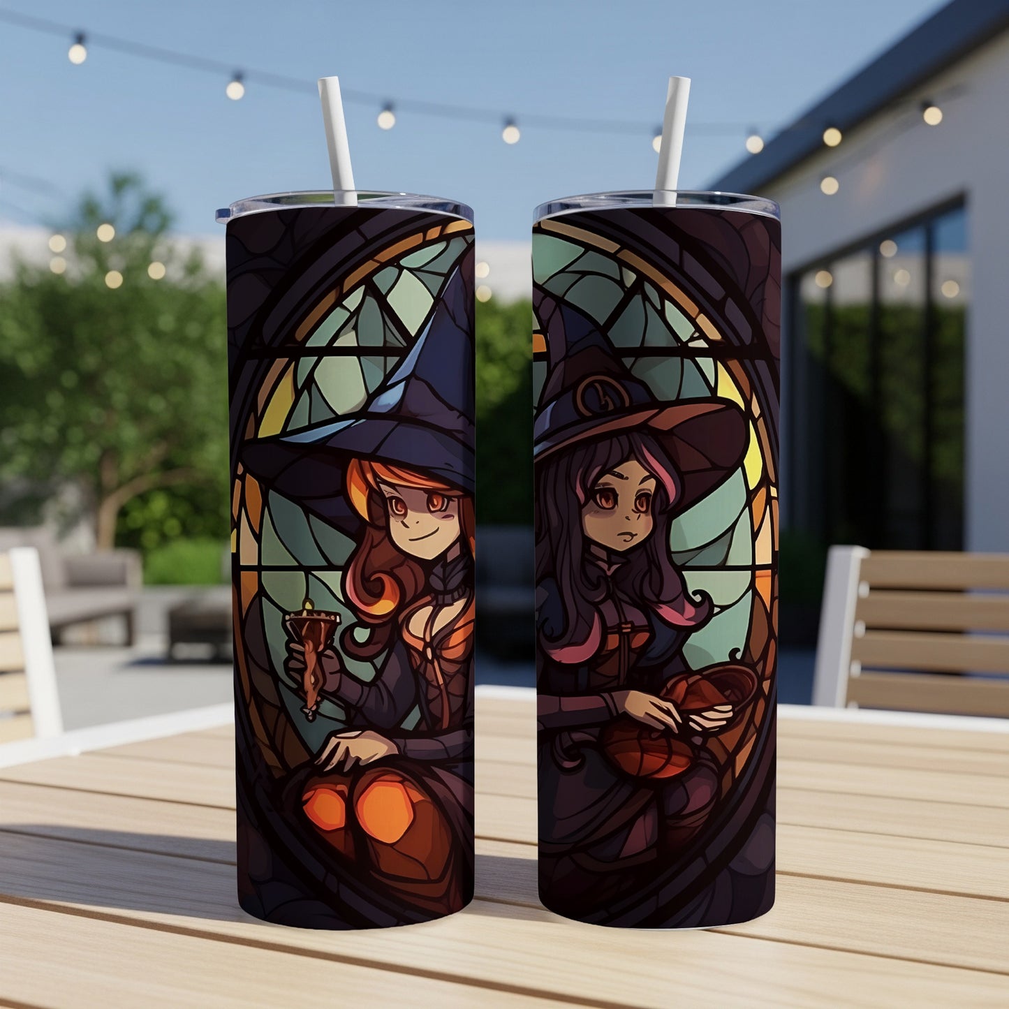 Two witches in stained-glass style on Halloween tumblers.