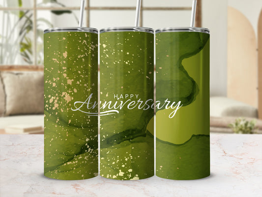 Green abstract watercolor tumbler with "Happy Anniversary" text.