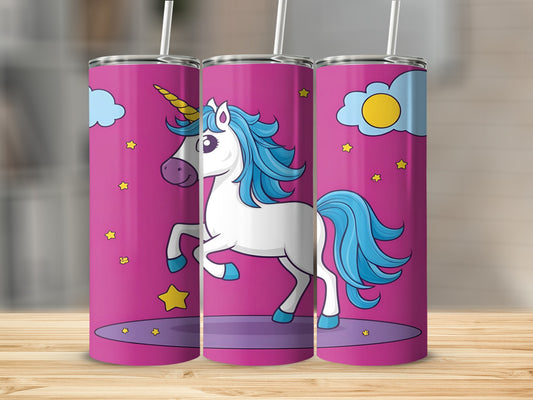 Three pink tumblers with unicorns and stars, displayed on a wooden surface.