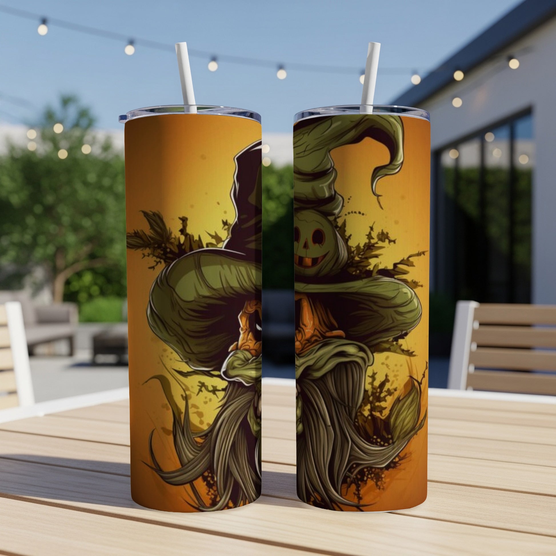 Two tumblers featuring a Halloween witch with a pumpkin head and long beard.