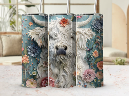 Highland cow with floral background on a skinny tumbler.