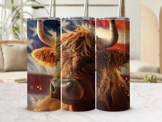 Highland cow with American flag background on three tumblers.