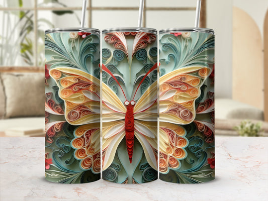 Three tumblers featuring a quilled butterfly design.