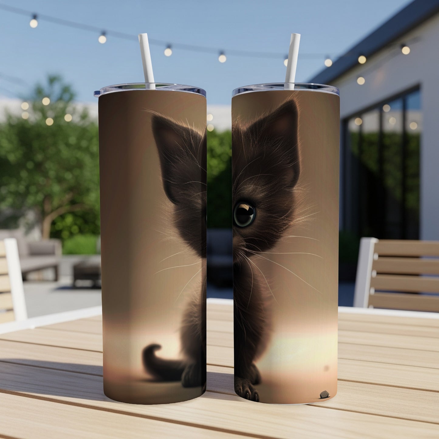 Two tumblers featuring a cute, brown kitten with large eyes.