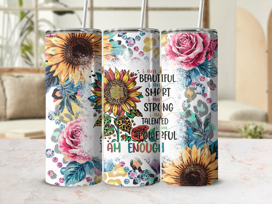 Three tumblers with floral and leopard print designs, one with motivational text.