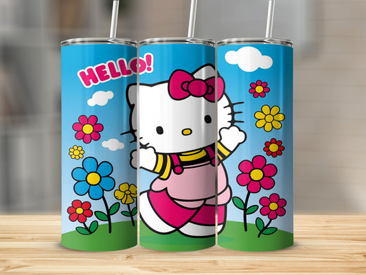 Hello Kitty with pink dress and yellow bow, surrounded by flowers and clouds.