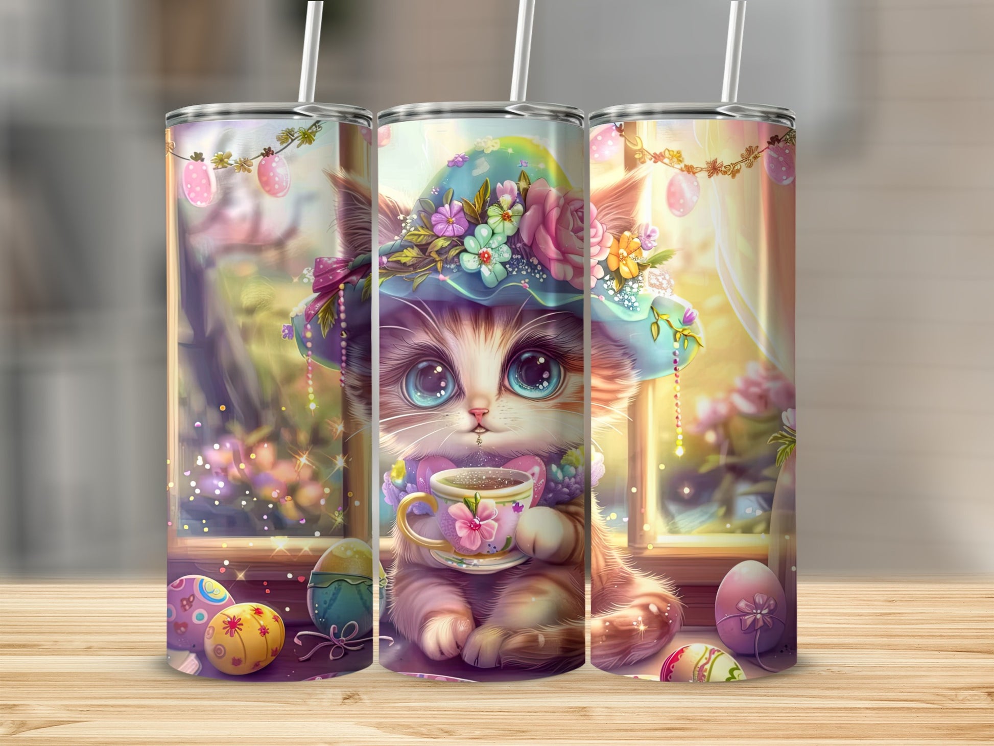 Cute kitten wearing a floral hat holds a teacup next to Easter eggs.