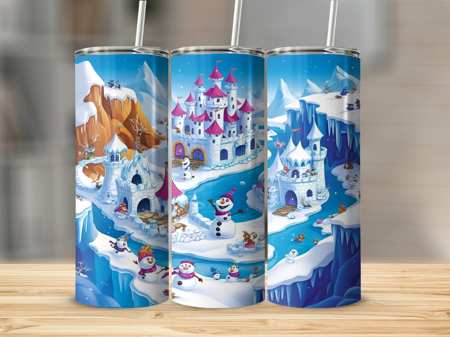 Three snow-covered castle tumblers with cartoon snowman and ice castle decorations.