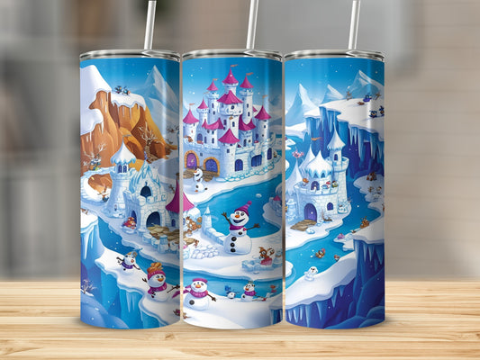 Three snow-covered castle tumblers with cartoon snowman and ice castle decorations.
