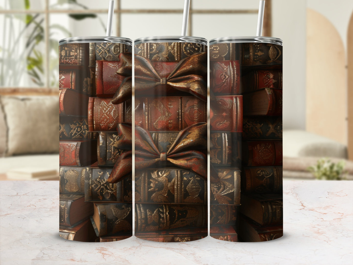 Stacked antique books with gold trim and a satin bow, centered.