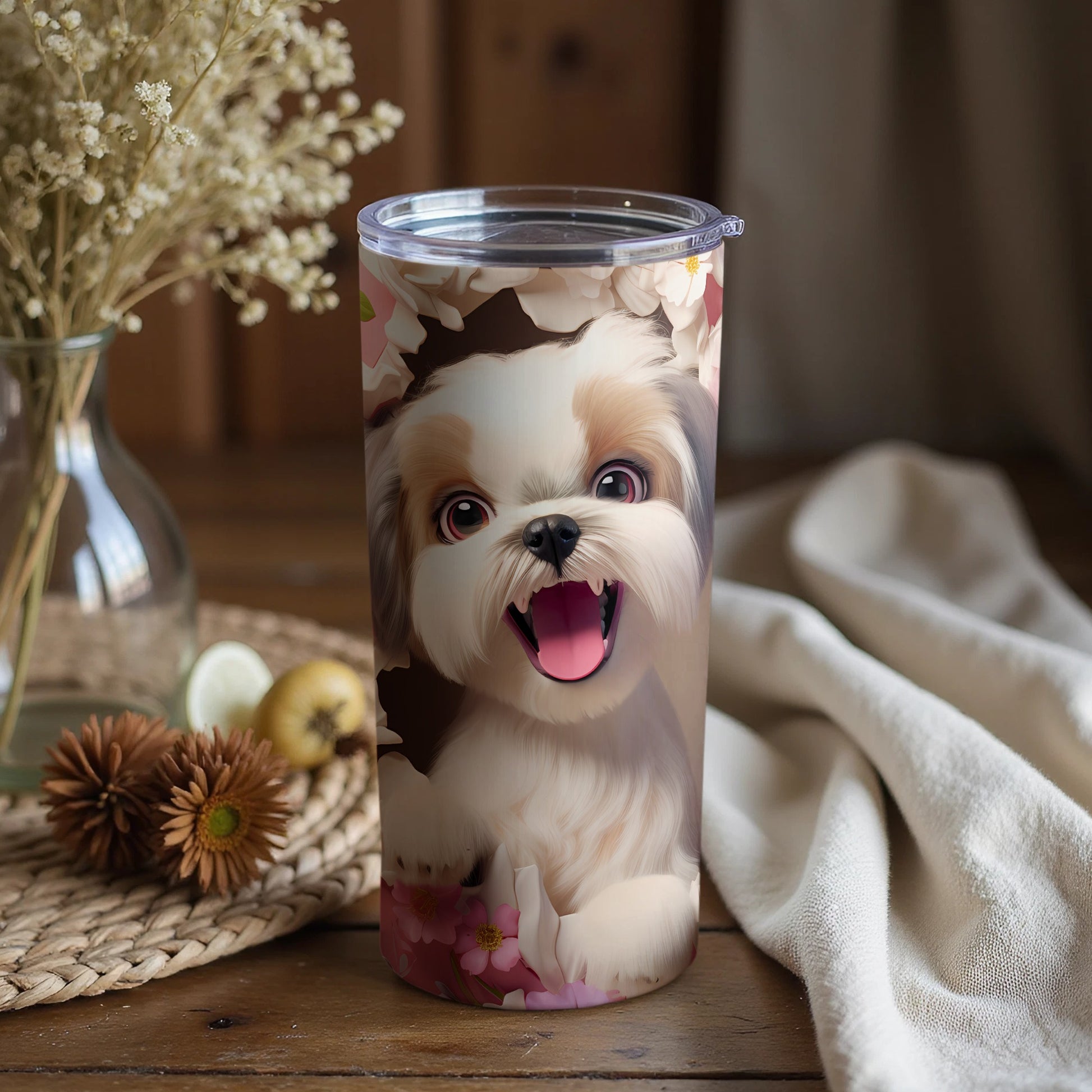 Happy Shih Tzu dog adorable floral design tumbler product type