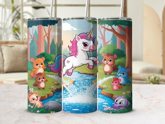 Unicorn and woodland creatures riding a colorful tumbler with forest background.