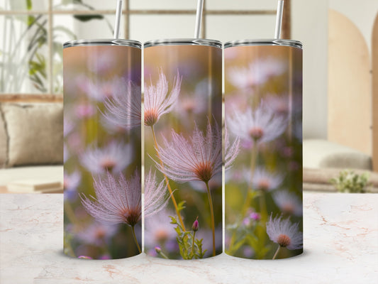 Three tumblers with a soft-focus floral pattern featuring dandelion-like seed heads.