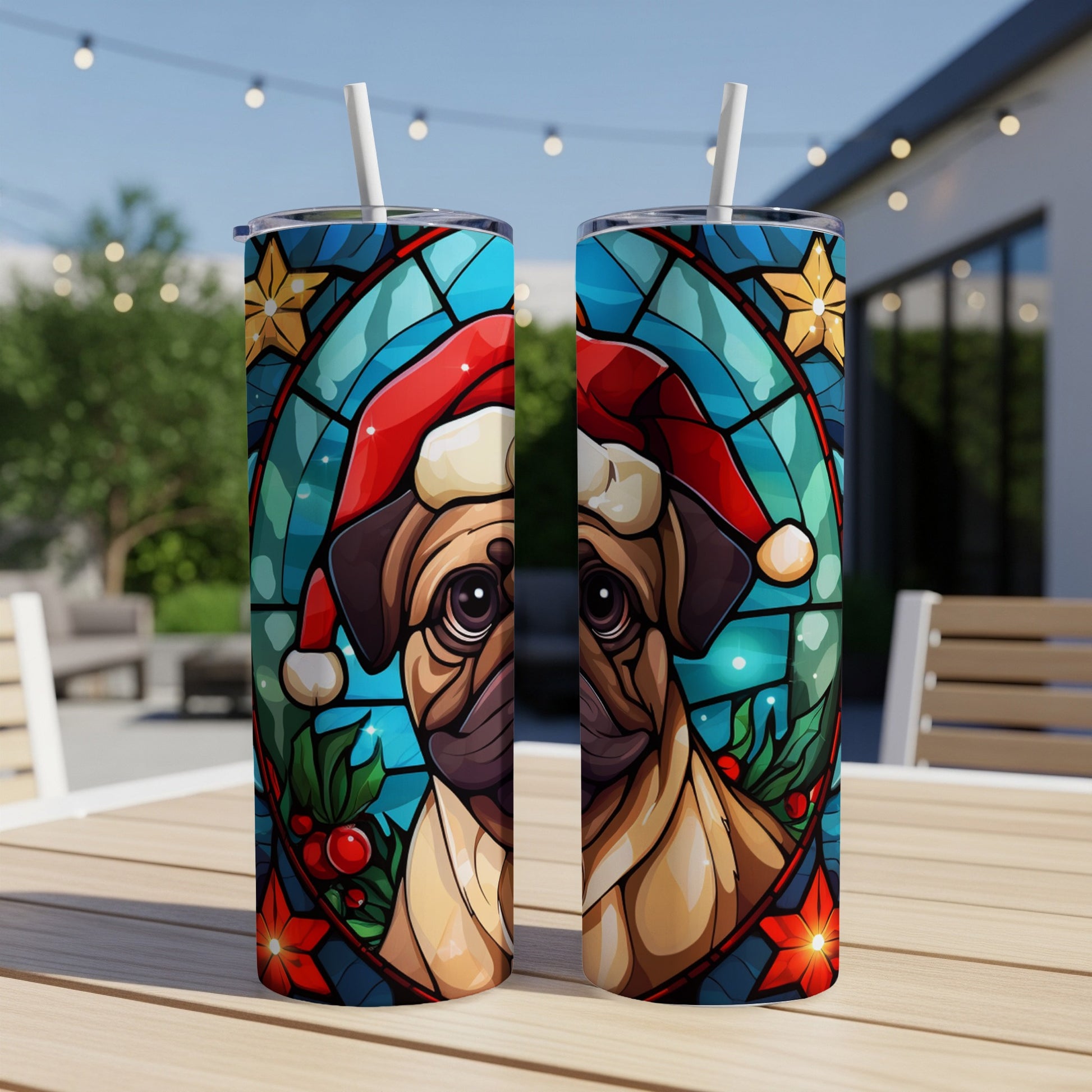 Christmas pug in stained glass style on a white tumbler.