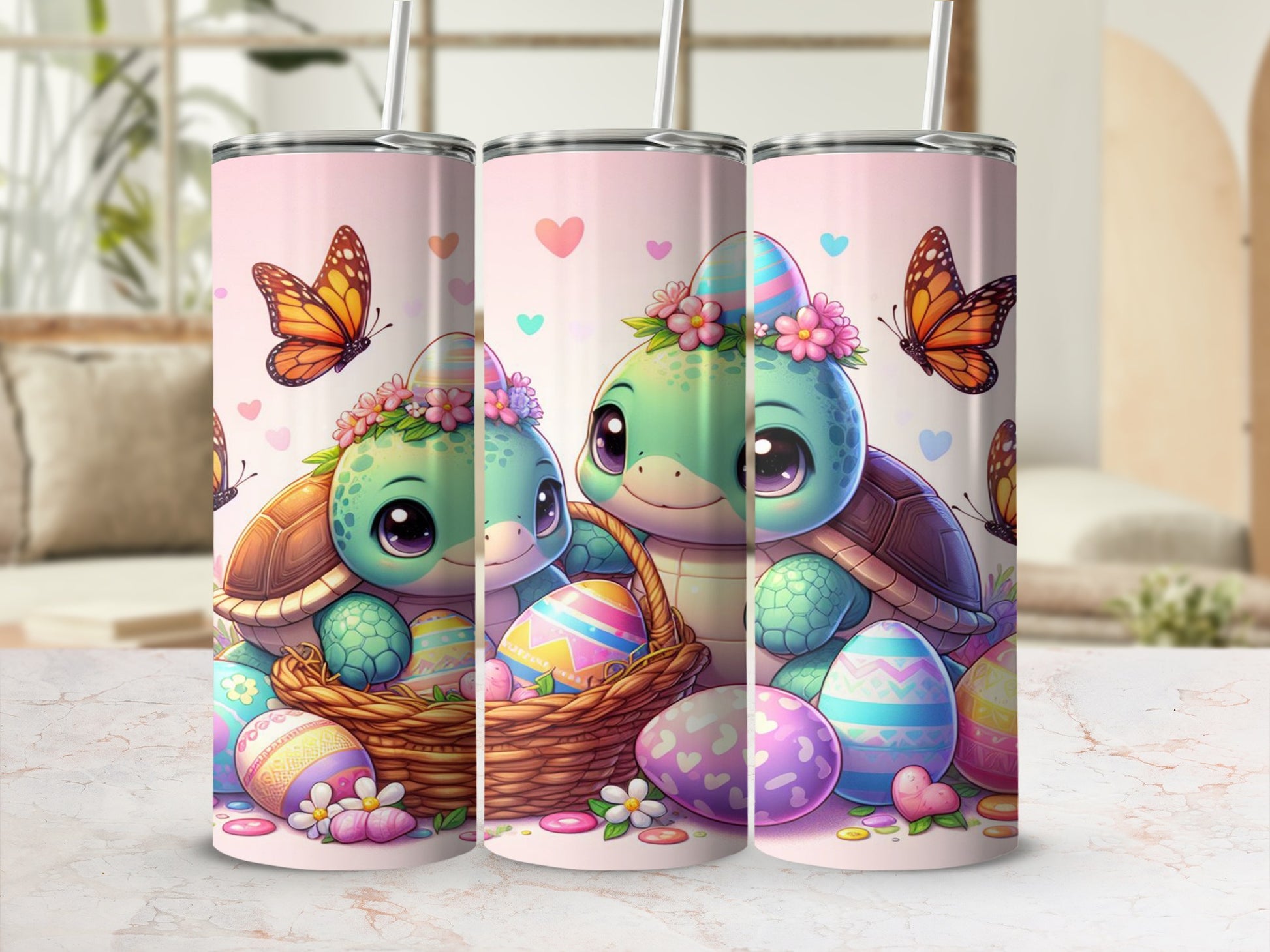 Easter turtles with eggs and butterflies in a basket.