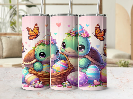 Easter turtles with eggs and butterflies in a basket.