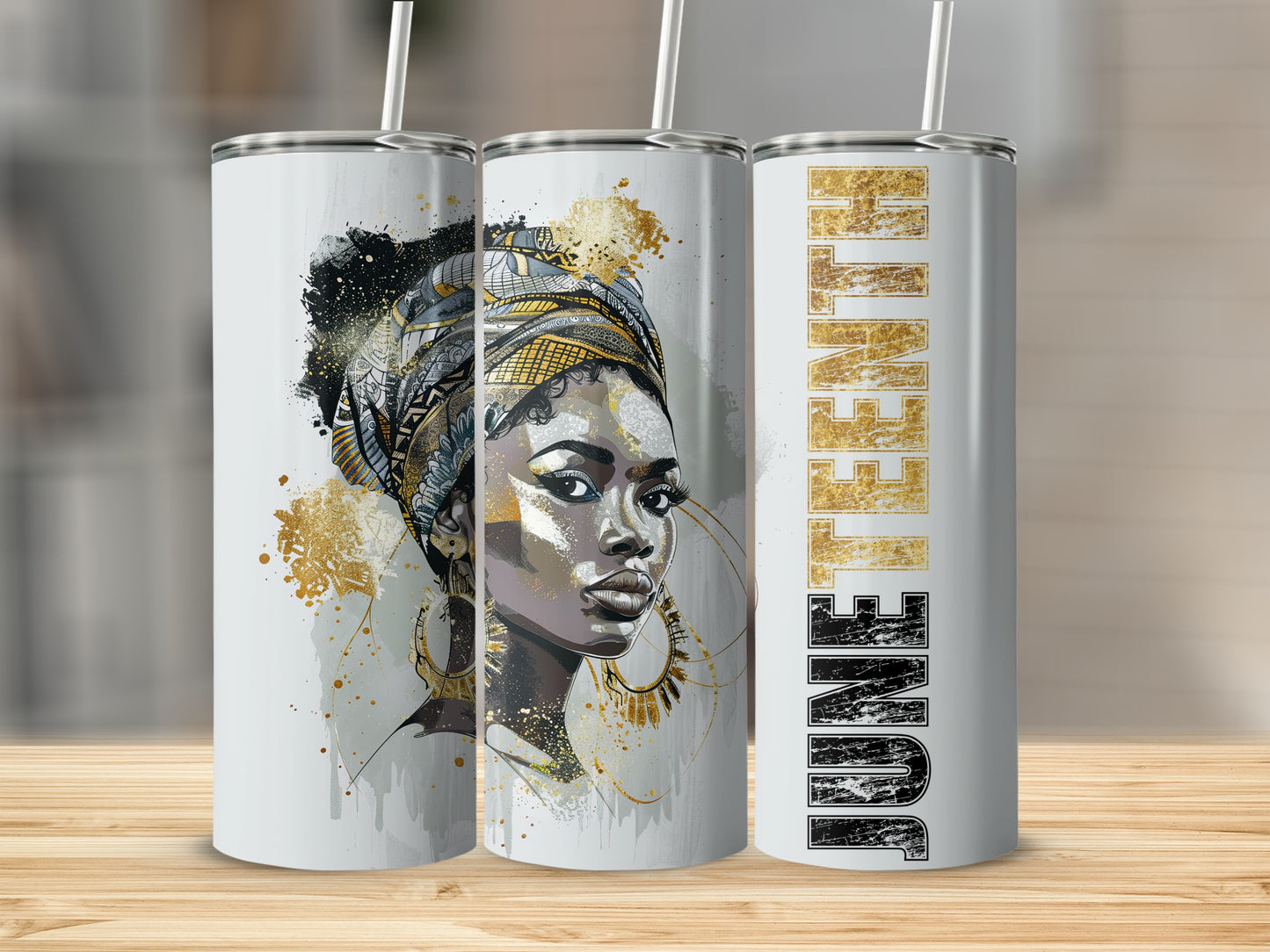 Juneteenth tumbler with Black woman wearing headwrap, gold accents.