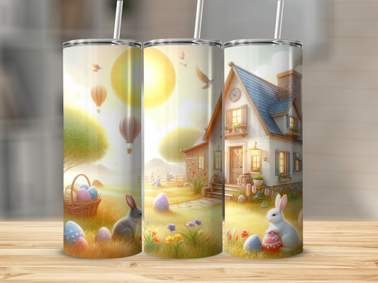 Easter scene with bunnies, eggs, hot air balloons, and a house on a tumbler.