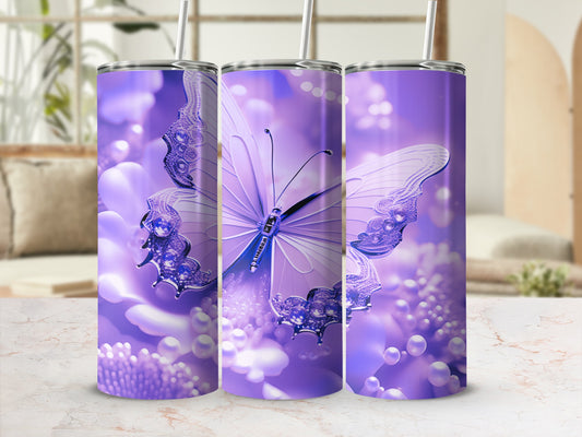 Purple butterfly design on three tumblers with floral and pearl accents.