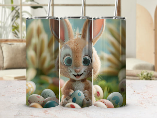 Cartoon bunny holding an Easter egg, surrounded by decorated eggs.