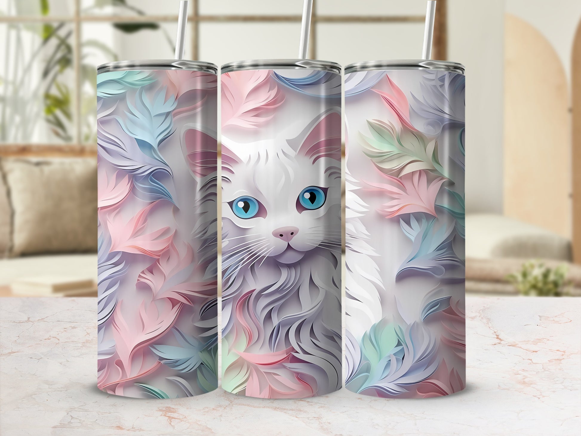 White cat face with blue eyes and pastel feathers pattern on tumblers.