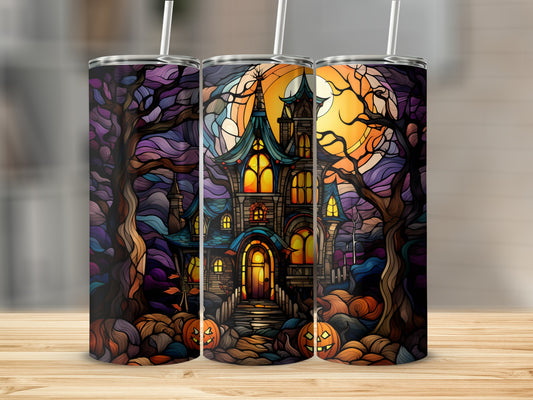 Spooky haunted house and pumpkins Halloween tumbler design.
