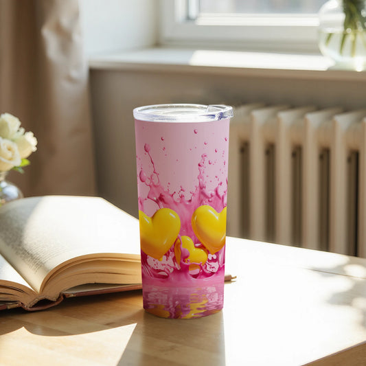 Pink Tumbler with Yellow Heart Splashes Design